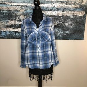 CLOTH & STONE Women's Blue/White Plaid Long Sleeve Top Size L